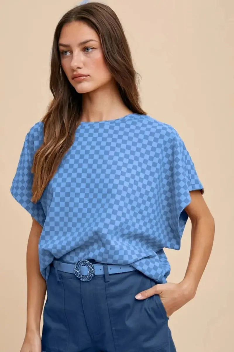 Annie Wear Checkered Round Neck Short Sleeve T-Shirt for Women - Love Salve